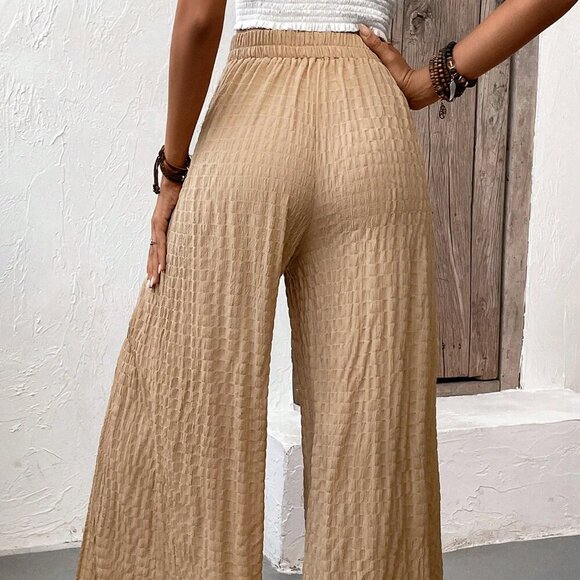 Khaki Casual Women's High Waist Wide Leg Pants With Bowknot And Side Slits - Picture 2 of 6